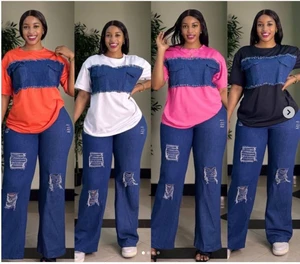 Women's 2025 Explosion Models Denim + Denim Pants Suit Waxed Technique Top Fashion in Europe and the United States