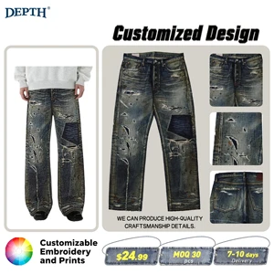 Customized Men's Retro Denim Jeans Breathable Straight Long Pants with Vintage Style Mid Waist Washable for All Seasons