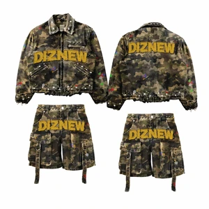DiZNEW Men Clothes New Styles 2 Pc Sets Camo-print Cotton Twill Streetwear Jeans Short Two Piece Set Bulk Wholesale