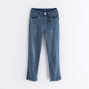 Women's High-Waisted Stretchy Denim Jeans for Summer Loose Fit Slimming Straight Leg Split Raw Hem Cropped Pants Casual Style