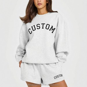 Trendy Custom Logo Women's French Terry Sweatshirt Shorts Set OEM ODM Streetwear Manufacturer Women's Set Cotton Gym Loungewear