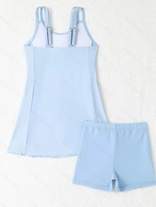 Girls Light Blue Adjustable Strap Tankini Two Piece Swimsuit Kids Modest Anti Exposure Swim Dress with Boyshorts for Pool Beach