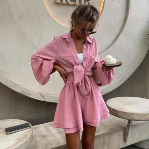 S-2XL Women's Casual Suit Autumn New Style Solid Color Bubble Sleeve Shirt Wide Leg Shorts Set