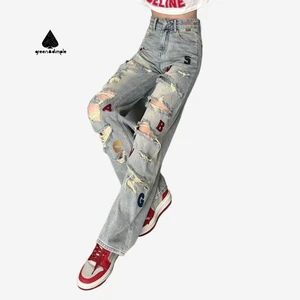 Customize Jeans Manufacturer Women's Vintage Distressed Jeans High-Waisted Streetwear Colorful Letter Embroidery Denim Pants