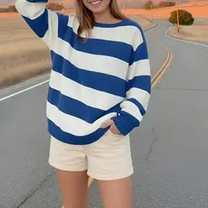 Trending Autumn Women's Casual Long Sleeve Striped Pullover Sweater for Streetwear Daily Outfit Hot Sale Loose Knitted Tops
