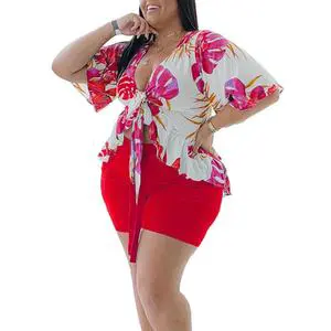 L-4XL Plus Size Women's Casual Dress Set Two-Piece Shorts Pants for Spring Summer Natural Waistline