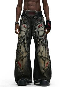 High Quality Custom Embroidery Grommets Ripped Distress Zippers Patches Wide Leg Fit Streetwear Hiphop OEM ODM Men's Denim Jeans