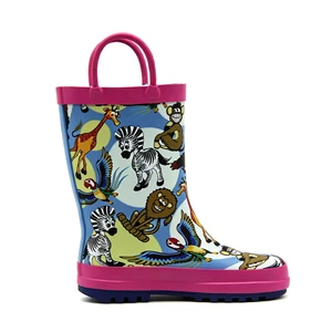 Unisex Kids All Over Jungle Wild Animal Rubber Rain Boots Double Fuchsia Pull Handle Loops Waterproof Non Slip Toddler Wellies