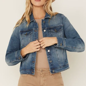 LARSUR Custom Factory Distress Wash Bomber Denim Jacket Button up Casual Cropped Jeans Jacket and Coat for Women