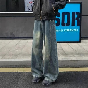 American-style High-street Straight-leg Denim Jeans Men; Autumn Loose Medium Casual Trousers; Mens Vintage Floor-length Pants