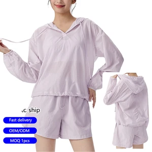 Women's Summer Breathable Quick Dry Printed Hooded Long Sleeve Sun Protection Casual Sports Shorts Set 100% Polyester Drawstring