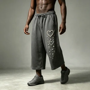 Men's Washed Oversized Wide Leg Capri Pants Heart Pearl Beading Rhinestone Embellishment Elastic Drawstring Waist Streetwear