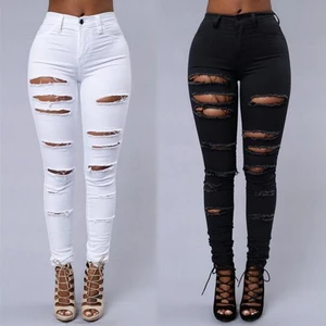 Women's Fashion Distressed Skinny Slim Fit Jeans Elastic Legging Pants with Ripped Trousers Plus Size Female Stretch Pants