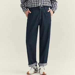 Men's Relaxed Fit Denim Trousers Half Elastic Waist Wide Straight Leg Blue Jeans Business Casual Washed Denim Pants