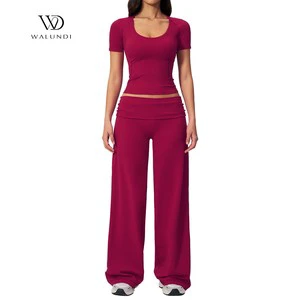 Yoga Set Women's Abdominal Tuck Yoga Folding Belt Wide-Leg Pants U-Neck Sports Top Casual Stretch Two-Piece Set