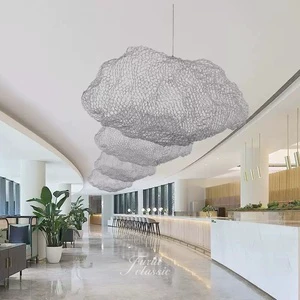 Custom Modern Metal Mesh Cloud Chandelier Creative Wire Art Installation For Hotel Lobby Mall Atrium Ceiling Decor Light