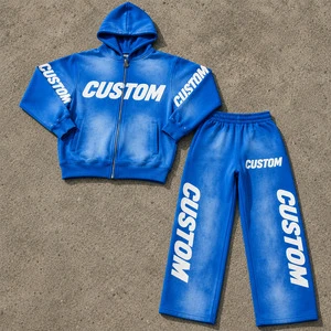 OEM Custom Men Sportswear Outfit Washed Full Zip Hoodie Drawstring Pants Vintage Casual Tracksuit Clothing Set