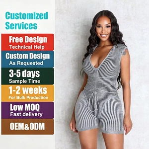 OEM & ODM Custom Logo Sexy Fashion Casual Breathable Fitted High-Elasticity Sports Running Fitness Tie Knit Jumpsuit