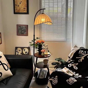 Retro Modern Small Iron Floor Lamp LED E27 Base Yellow Shade Adjustable Height Waterproof for Home Bedroom Living Room Study