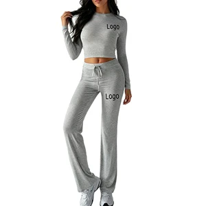 Custom Logo Women's Sportswear Autumn Casual 2 Piece Set Long Sleeve Regular Fit T-shirt Solid Color Short Top Pants Suit