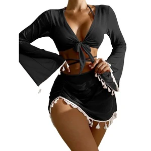 2025 Women's Sexy Swimsuit Set with Fringed Bikini Crop Top and Thongs Bottom Cover Ups Bathing Suits Made of Spandex/Nylon