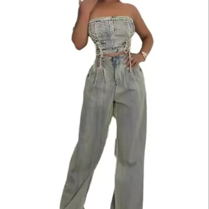 Summer New Women's Suit Spicy Girl Strapless Vest Straight Leg Wide Leg Pants Set Retro Jeans Jeans