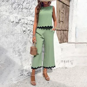 European and American Casual Sports Suit Zipper Sleeveless Sweatshirt Wide-Leg Pants Two-Piece Set