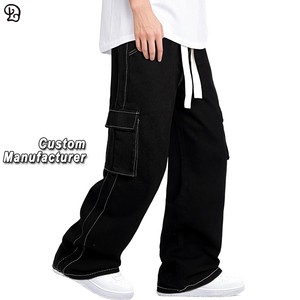 Custom Men Baggy Cargo Jean Contrast Stitches Large Pocket Loose Streetwear Hip Hop Oversize Denim Pants Wide Leg Casual Trouser