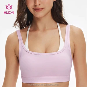 ODM HUCAI Custom Logo Nylon Spandex Stretch U-neckline Double Layered Y-Back Fitness Yoga Gym Workout Sports Bra For Women