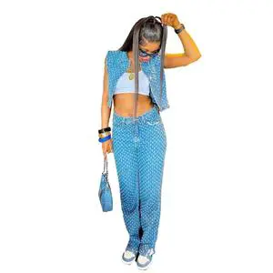 Fashion Denim Jacket and Pants Suit Ladies Coat Pant Suits Hole Leg for Women Sleeveless Jean Wholesale