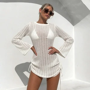 New Women's Beach Cover-Up Crew Neck Hollow Out Lace-Up Knitted Beach Dress Cutout Back Bikini Swimsuit Cover-Up