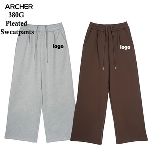 2026 New 380G Solid Pleated Sweatpants Men High End Wide Leg Drawstring Casual Trousers Autumn Winter Streetwear Bottoms