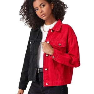Edge Denim Red and Black Color Block Denim Jacket Women Patchwork Jacket Custom