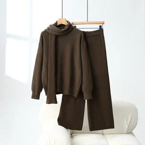 3 Piece Set Knitted Plus Size Custom Winter Women's Minimalist Sweaters and Trousers Suit with Scarf 1570g