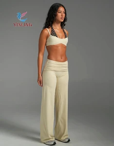 Fashion Custom Women High Waist Flare Fold Waist Wide Leg Yoga Pants Premium Buttery Soft Casual Active Wear Training Bottoms