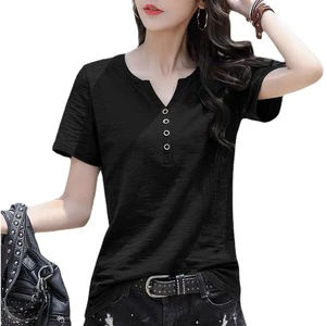 Women's Plus Size Cotton T-Shirt 6XL V-Neck Short Sleeve Top Breathable Casual Solid Pattern with Button Decoration for Summer