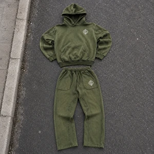 OEM Men Custom Two Piece Set Vintage Matching Outfit Custom Cotton Hoodies Trousers 100% Cotton Washed Solid Tracksuits For Men