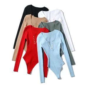 Women's Skinny Slim Fit Long Sleeve Floral Solid Bodysuit Sexy Stretch Breathable Anti-Wrinkle Quick Dry Knit Jumpsuit Winter