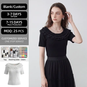 Chic Solid Casual Summer White off Shoulder Knit Top with Pleated Lace Neckline Slim Fit Half Sleeve Top