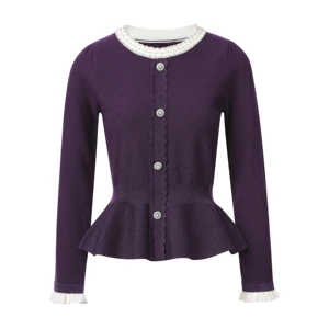 Women Purple Shiny KnitCardigan Pearl Beaded Round Neck Floral Rhinestone Buttons Peplum Flared Hem Long Sleeve Slim Knit Jacket
