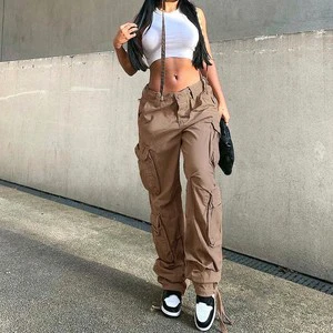 Women's High Waisted Cargo Denim Pants Multi Pocket Drawstring Casual Streetwear Loose Fit Trousers Fashionable Daily Wear