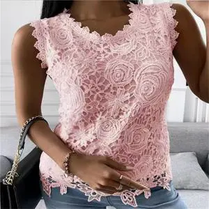 Summer Vintage Floral Vest Camisole Women's Lace Jacquard Sleeveless Shoulder V-neck Eco-Friendly Breathable Casual Plus