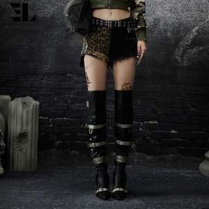 LARSUR Custom Factory Denim Patchwork Leopard Jorts Studded Distressed Washed Raw Edge Denim Cropped Shorts Pants for Women