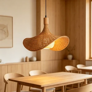 Bamboo-woven Pendant Lamp with Adjustable Height Brown LED Lighting for Hotels Restaurants Tea Rooms & Guesthouses