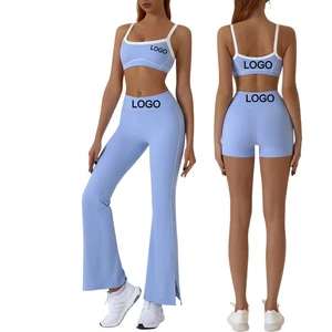 Custom LOGO Naked Feeling Slim Fit Yoga Set Contrast Color Flared Pants Sports Bra Outdoor Running Pilates Fitness Activewear