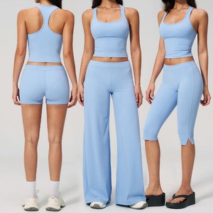 Roregal New Quick Dry Matching Yoga Outfit Running Suit Racerback Tank Top And Wide Leg Pants 2 Piece Workout Set For Women