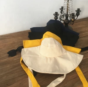 Sun Hats For Women Cotton Solid Bucket Hat Wide Brim Summer Beach Hat With Wide String