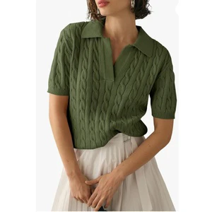 Women's Cable Knit Casual Soft Pullover Shirt Short Sleeve V-Neck Tops with Solid Lapel for Summer and Autumn
