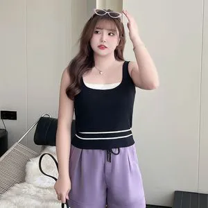 Runqi N8652 Color Blocked Knit Vest Plus Size Women's Tank Top Beige Black Polyester Fabric Adult Style