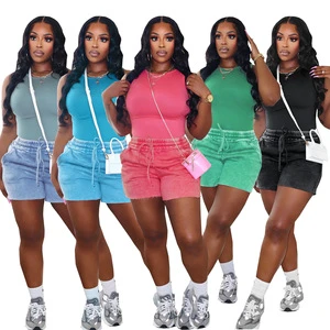 Customized Plus Fat Plus Plus Size Women's Summer Set Casual Style Sleeveless Top Washed Denim Shorts 2-piece Set